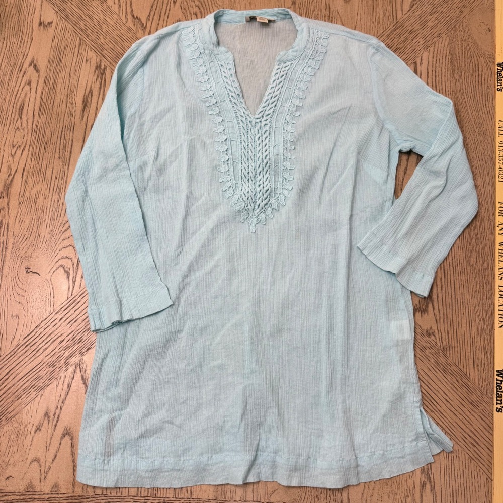 Appleseeds Size Small‎ Light Blue Tunic Top V Neck Crochet Trim 3/4 Sleeve
